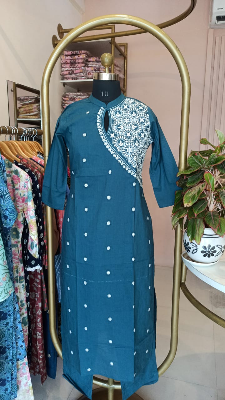 "Roohani" Teal Blue Chikankari Kurta Set(2pc) - Image 3