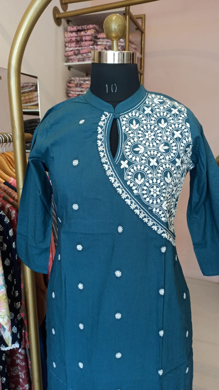 "Roohani" Teal Blue Chikankari Kurta Set(2pc) - Image 4