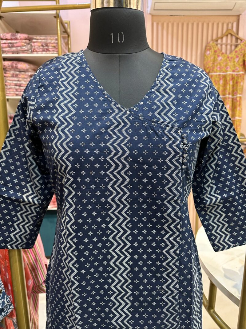 "Ira" Blue Angrakha Cotton Kurta - Image 5