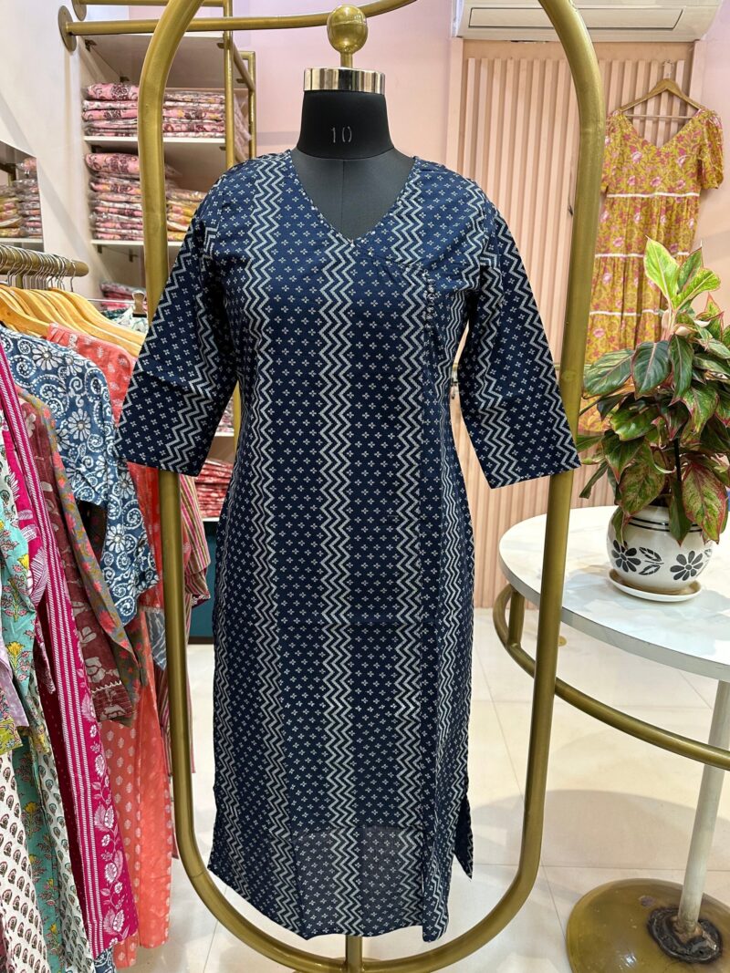 "Ira" Blue Angrakha Cotton Kurta - Image 4