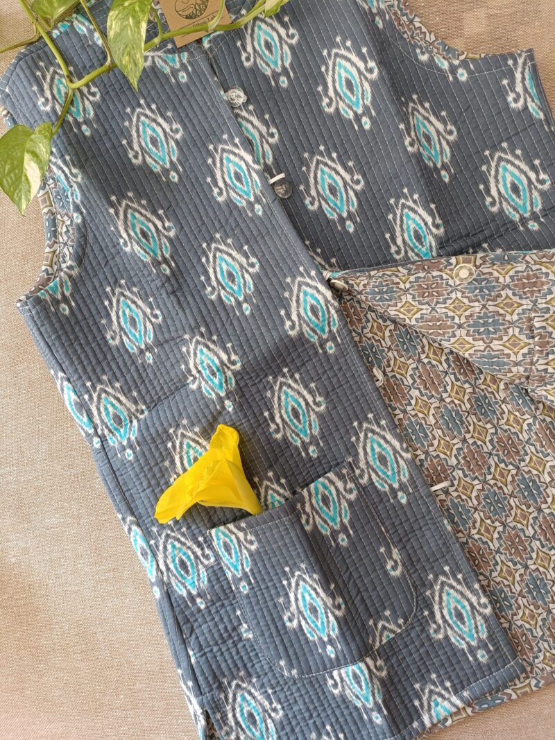 Blue-Grey Hand Block Printed Reversible Jacket - Image 2