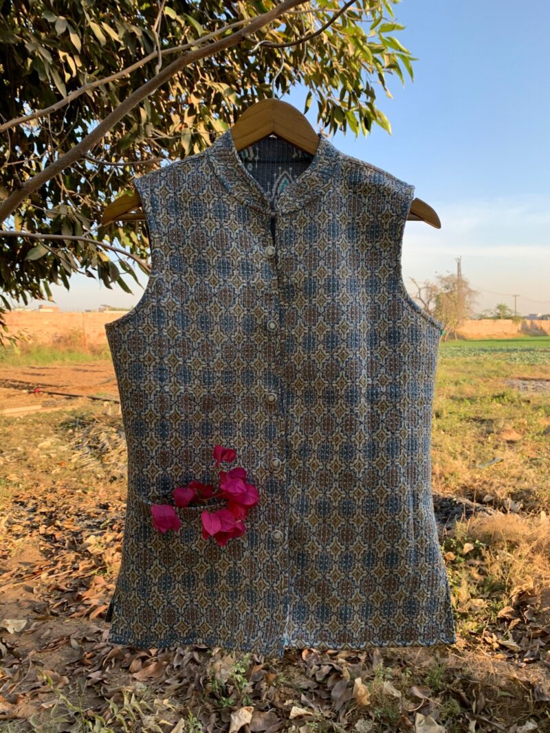 Blue-Grey Hand Block Printed Reversible Jacket - Image 3