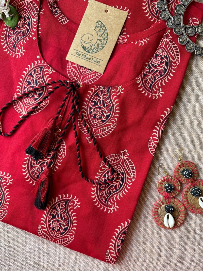 "Paakhi" Deep Red Paisley Hand Block Printed Cotton kurta - Image 2