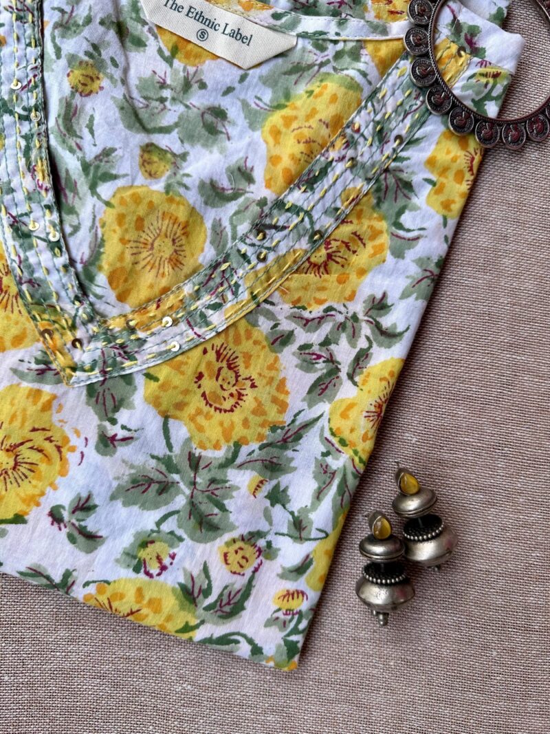 "Marigold" Yellow Hand Block Printed Cotton kurta - Image 4