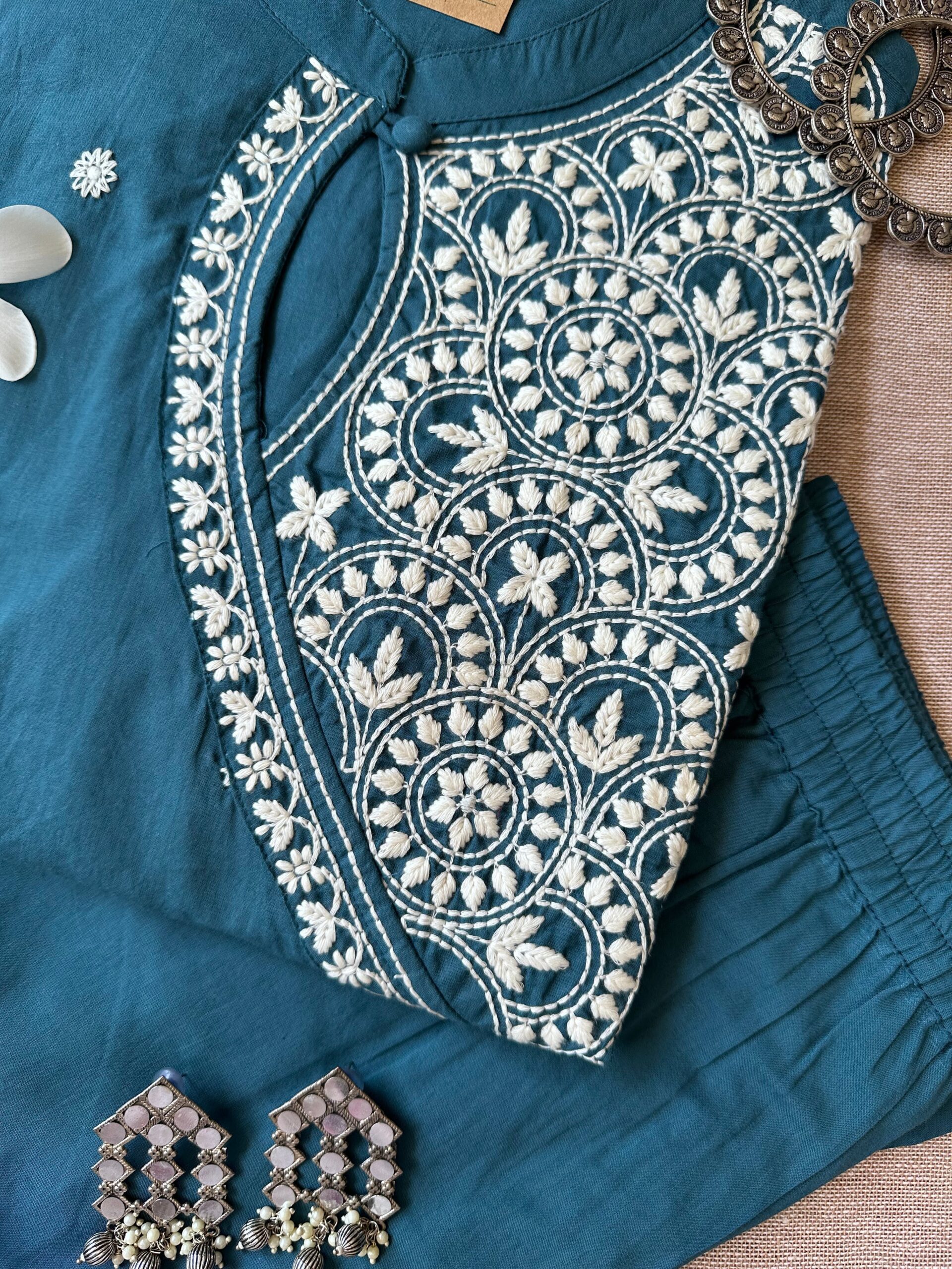 "Roohani" Teal Blue Chikankari Kurta Set(2pc) - Image 2