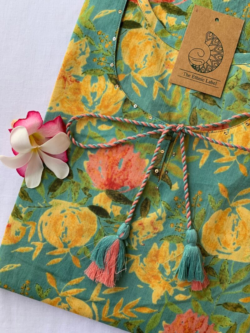 "Daffodils" Sanganer Hand Block Printed Tassel Cotton Kurta - Image 2