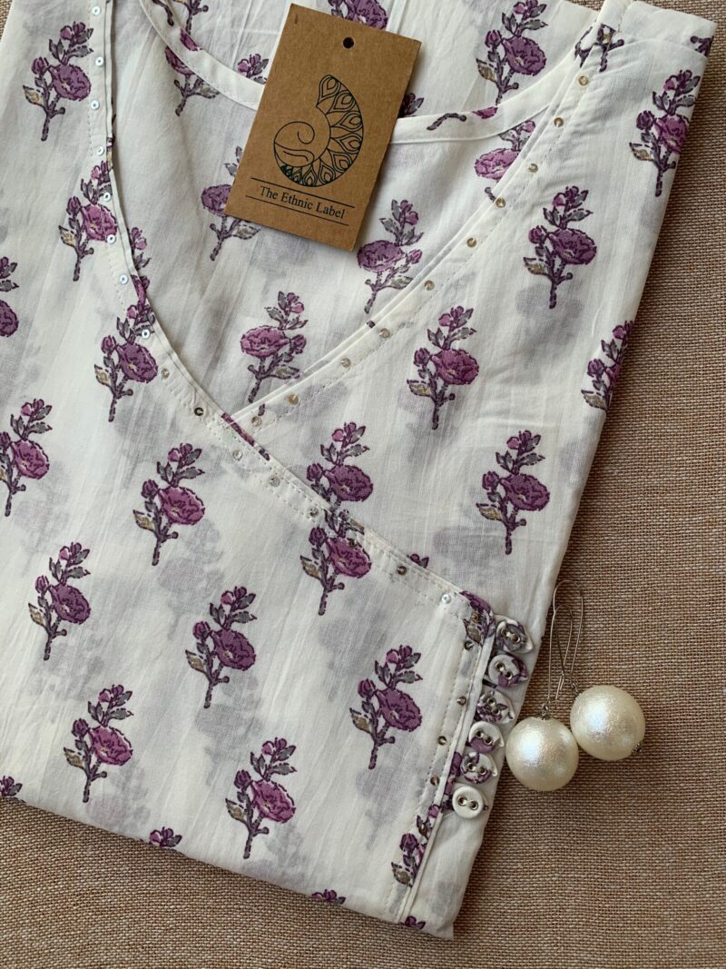 "Purple Pansy" White Angrakha Cotton Kurta - M - Image 2