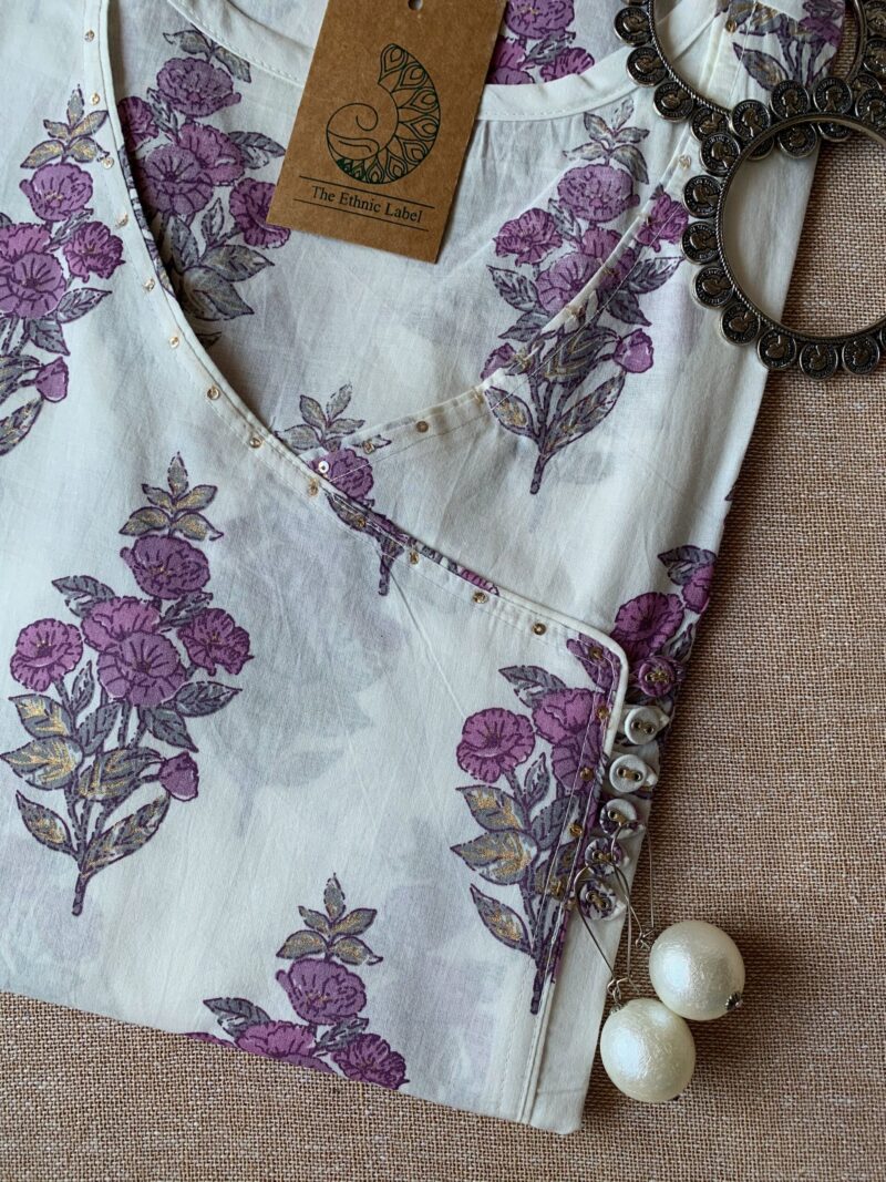 "Verbena" White Purple Angrakha Cotton Kurta - Image 3